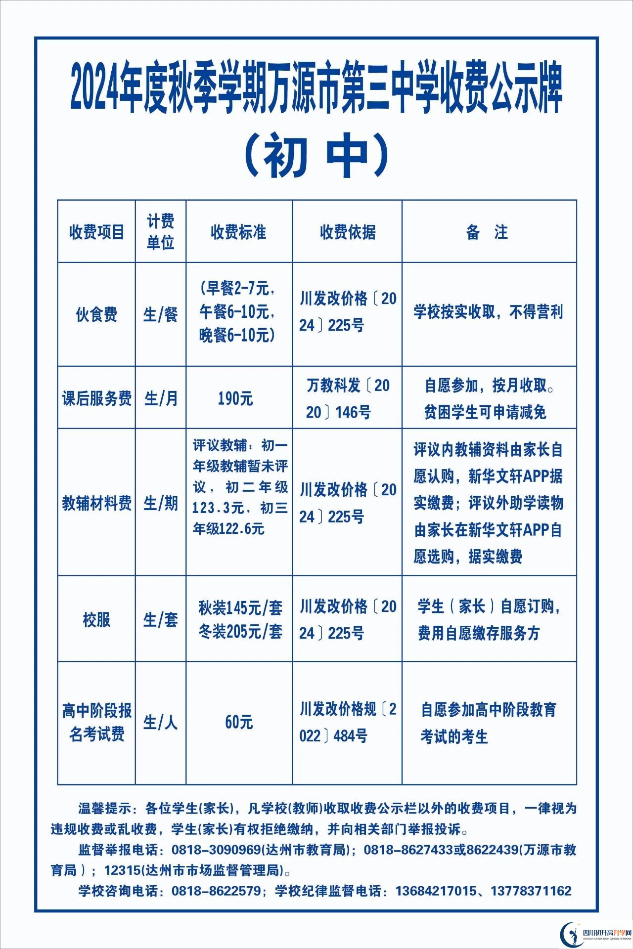 2026年達州市萬源市第三中學校學費多少錢？